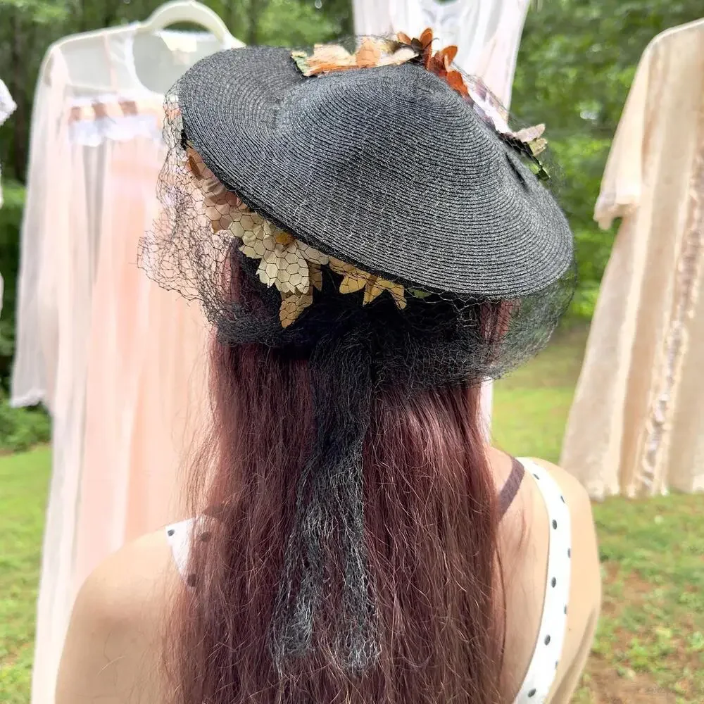 40s black straw cartwheel tilt hat w/ lavender & orange fabric daisies & veil